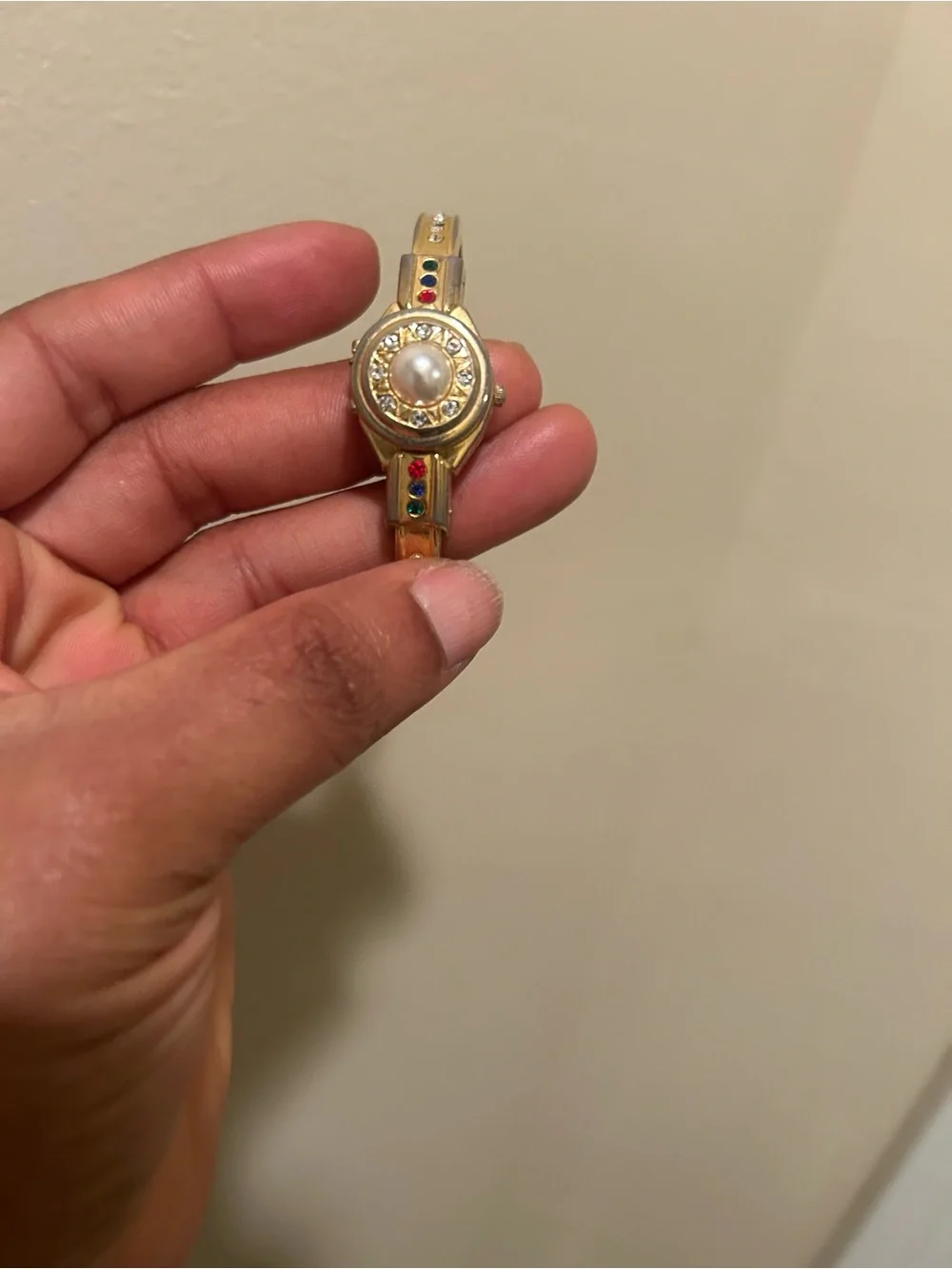 Vintage Gold-tone Women's Bracelet Watch with Multicolor Stones